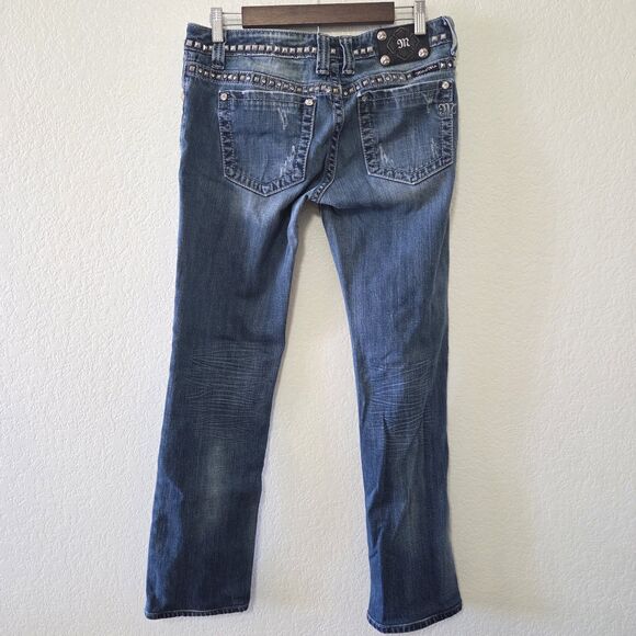 Miss Me JP5135BCL Straight Leg Distressed Jeans Size 29 Blue Studded Rhinestone - Picture 3 of 7